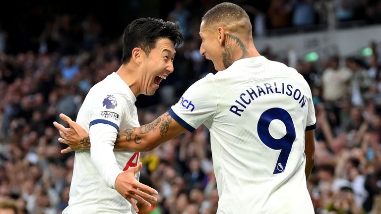 Heung-Min Son celebrates with team-mate Richarlison after giving Spurs the lead against Liverpool