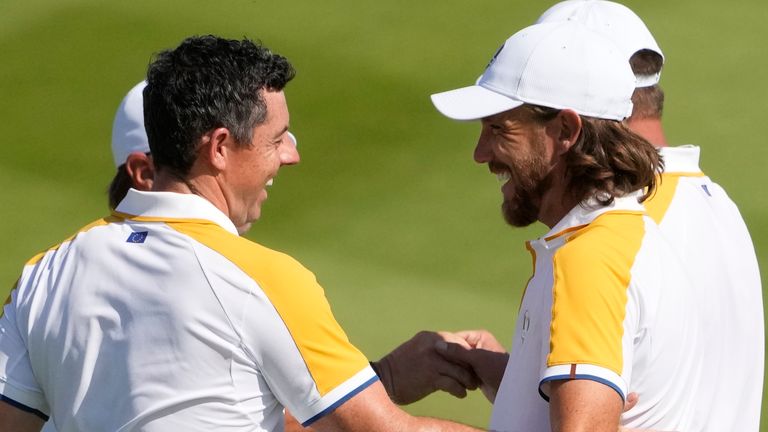 Europe&#39;s Rory Mcilroy, left shakes hands with Europe&#39;s Tommy Fleetwood after they completed a practice round ahed of the Ryder Cup at the Marco Simone Golf Club in Guidonia Montecelio, Italy, Tuesday, Sept. 26, 2023. The Ryder Cup starts Sept. 29, at the Marco Simone Golf Club. (AP Photo/Andrew Medichini)