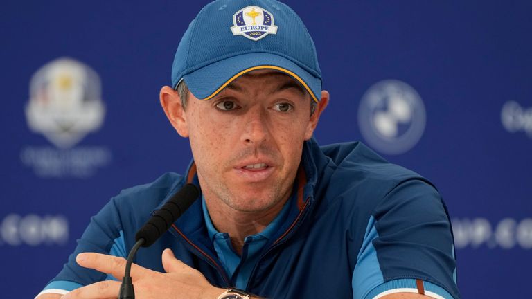 Europe&#39;s Rory McIlroy meets the journalists during a press conference ahead of the Ryder Cup at the Marco Simone Golf Club in Guidonia Montecelio, Italy, Wednesday, Sept. 27, 2023. The Ryder Cup starts Sept. 29, at the Marco Simone Golf Club. (AP Photo/Gregorio Borgia)