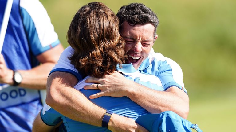 Team Europe&#39;s Rory McIlroy and Tommy Fleetwood celebrate after winning their foursomes match on day one of the 44th Ryder Cup at the Marco Simone Golf and Country Club, Rome, Italy, ahead of the 2023 Ryder Cup. Picture date: Friday September 29, 2023.