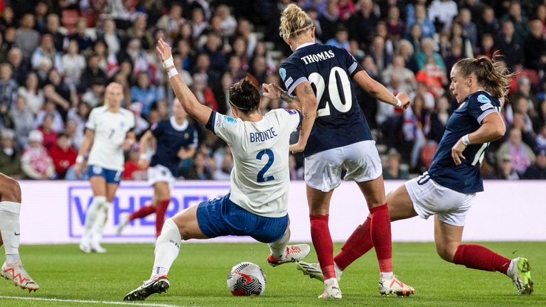 Scotland&#39;s Kirsty Hanson scores to make it 2-1 during a UEFA Women&#39;s Nations League match between England and Scotland at the Stadium of Light, on September 22, 2023, in Sunderland, England. (Photo by Alan Harvey / SNS Group)