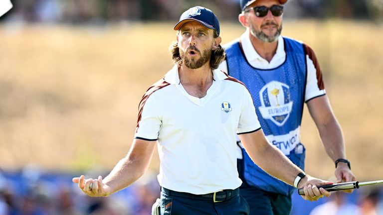 Rome , Italy - 30 September 2023; Tommy Fleetwood of Europe celebrates a putt on the 10th hole during the afternoon fourball matches on day two of the 2023 Ryder Cup at Marco Simone Golf and Country Club in Rome, Italy. (Photo By Ramsey Cardy/Sportsfile via Getty Images)