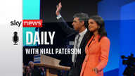Prime Minister Rishi Sunak with his wife Akshata Murty on stage at the end of his keynote speech during the Conservative Party annual conference at the Manchester Central convention complex.  Picture date: Wednesday October 4, 2023.