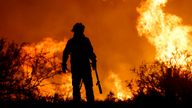A firefighter is silhouetted by the flames of a forest fire on the outskirts of Villa Carlos Paz, Argentina
Pic:AP