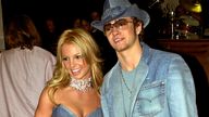 FILE - Britney Spears, left, and Justin Timberlake arrive at the 28th Annual American Music Awards in Los Angeles on Jan. 8, 2001. Spears&#39; memoir "The Woman in Me" releases Oct. 24. (AP Photo/Mark J. Terrill, File, File)