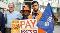 Junior doctors and medical consultant members of the British Medical Association (BMA) on the picket line outside Queen Elizabeth Hospital, Birmingham, on the first day of a three-day joint walkout amid their dispute with the Government over pay. Both sets of staff will deliver "Christmas Day" levels of staffing from 7am on Monday until the same time on Thursday. Picture date: Monday October 2, 2023. PA Photo. See PA story INDUSTRY Strikes. Photo credit should read: Jacob King/PA Wire 