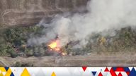 A still picture from a drone footage shows military hardware on fire near Svitle in Zaporizhzhia region, Ukraine, video released on October 3, 2023. Special Operations Forces Of The Ukraine Army/Handout via REUTERS  THIS IMAGE HAS BEEN SUPPLIED BY A THIRD PARTY. MANDATORY CREDIT