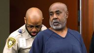 Duane Davis, accused of fatally shooting rapper Tupac Shakur in 1996, is led into the courtroom during his arraignment at the Regional Justice Center, in Las Vegas, Nevada, U.S., October 4, 2023. Bizuayehu Tesfaye/Pool via REUTERS
