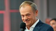 Donald Tusk addresses supporters at party headquarters in Warsaw, Poland. Pic: AP
