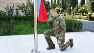 Azerbaijan&#39;s President Ilham Aliyev attends a flag raising ceremony in the 