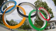 A photo shows a five-ring Olympic emblem in front of National Stadium in Shinjuku Ward, Tokyo on June 22, 2021. The Tokyo Olympics, which would be held in 2020, has been postponed to 2021 due to the new coronavirus COVID-19.    ( The Yomiuri Shimbun via AP Images )