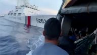 In this image from a video released by the Armed Forces of the Philippines, Filipino sailors look after a Chinese coast guard ship with bow number 5203 bumps their supply boat as they approach Second Thomas Shoal, locally called Ayungin Shoal, at the disputed South China Sea  
Pic:AP