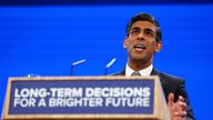 British Prime Minister Rishi Sunak speaks on stage at Britain&#39;s Conservative Party&#39;s annual conference in Manchester, Britain, October 4, 2023. REUTERS/Hannah McKay
