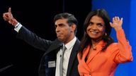 Prime Minister Rishi Sunak with his wife Akshata Murty on stage at the end of his keynote speech during the Conservative Party annual conference at the Manchester Central convention complex.  Picture date: Wednesday October 4, 2023. PA Photo. See PA story POLITICS Tories. Photo credit should read: Peter Byrne/PA Wire 