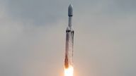 A SpaceX Falcon Heavy rocket lifts off carrying a NASA spacecraft to investigate the Psyche asteroid from the Kennedy Space Center in Cape Canaveral, Florida, U.S., October 13, 2023. This is the first spacecraft to explore a metal-rich asteroid, which may be the leftover core of a protoplanet that began forming in the early solar system more than 4 billion years ago. REUTERS/Joe Skipper
