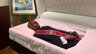 The body of "Stoneman Willie", a jailed thief that died in a Pennsylvania prison in 1895 and was accidentally mummified by undertakers, lies on display at the local funeral home that has been his resting place for 128 years in Reading, Pennsylvania, U.S., October 1, 2023. REUTERS/Kia Johnson
