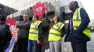 Train drivers from the Aslef union on the picket line at Euston station in London as union members at 16 train operators in England stage a 24-hour strike 
