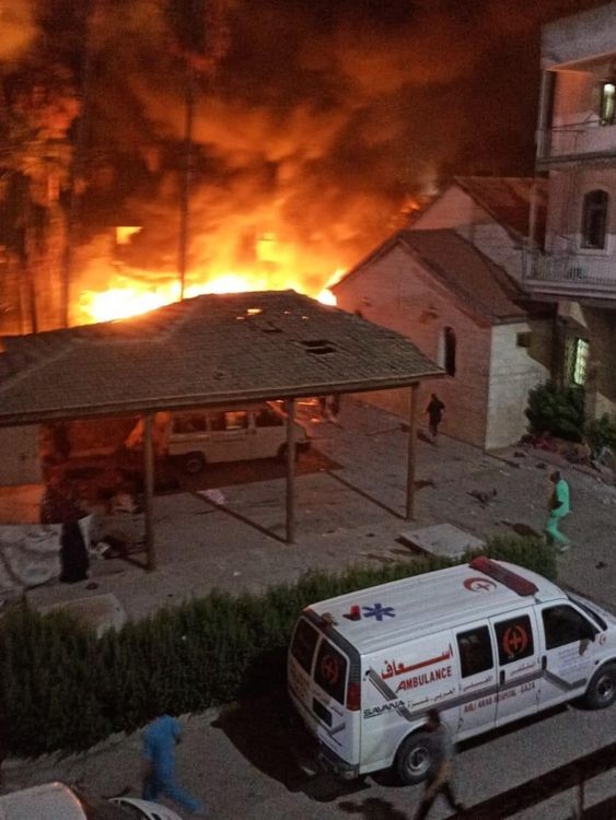 Explosion seen at the Arab Baptist Hospital in Gaza City. Pic: X