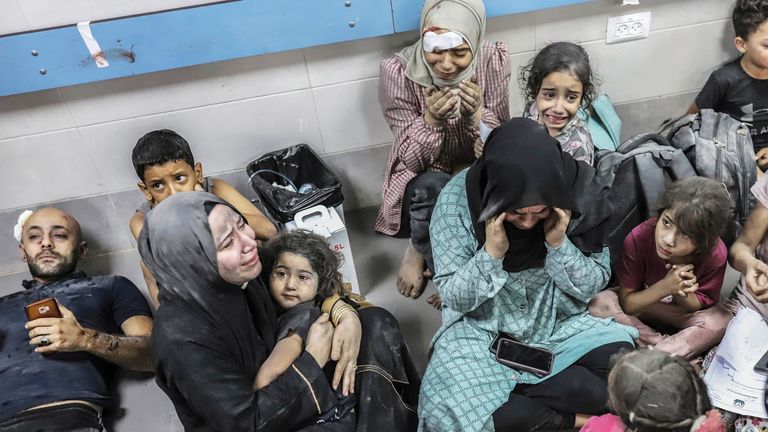 Injured Palestinians wait to receive medical attention at al-Shifa hospital
Pic:DPA/AP