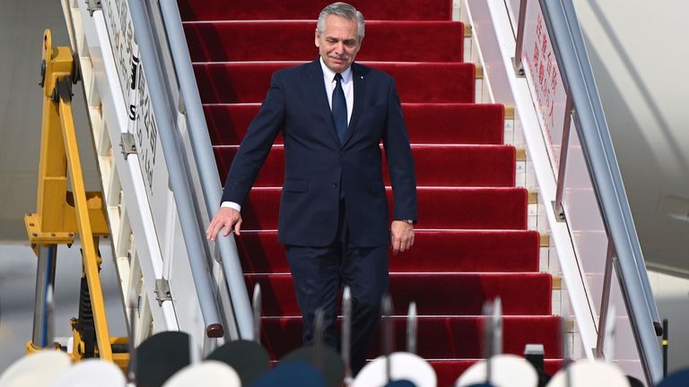 Argentina&#39;s President Alberto Fernandez arrives at Beijing&#39;s airport, ahead of the Belt and Road Forum in the Chinese capital on Tuesday, Oct. 17, 2023. ..(Jade Gao/Pool Photo via AP)