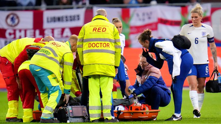 England's Alex Greenwood requires medical attention after becoming injured during the UEFA Women's Nations League Group A1 match at The King Power At Den Dreef Stadium in Leuven, Belgium. Picture date: Tuesday October 31, 2023.
