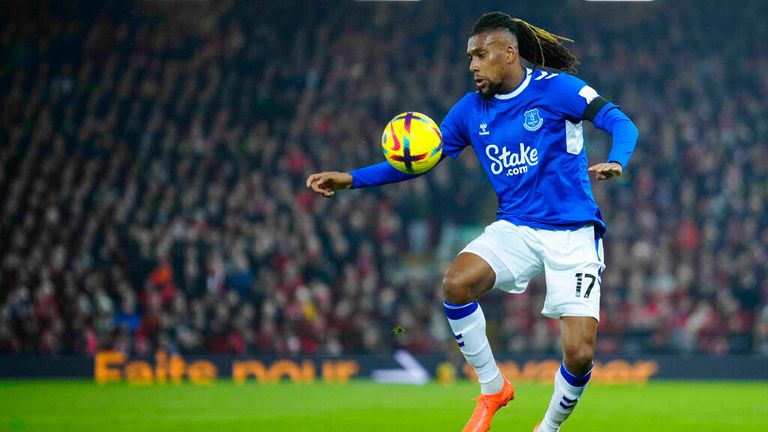 Everton&#39;s Alex Iwobi is in action during the English Premier League soccer match between Liverpool and Everton at the Anfield stadium in Liverpool, England, Monday, Feb. 13, 2023. (AP Photo/Jon Super)