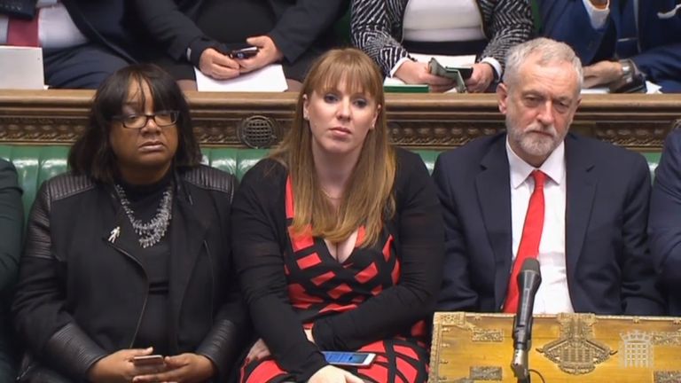 Angela Rayner on the Labour frontbench with Jeremy Corbyn and Diane Abbott in 2017