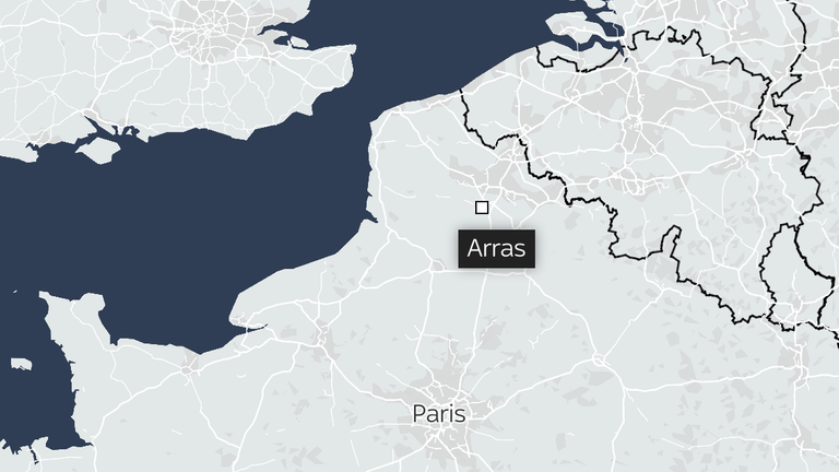 A map showing the location of Arras in France