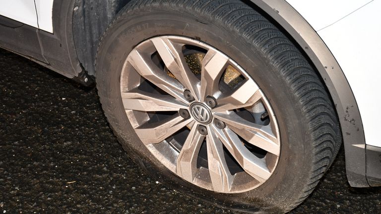 The damage caused to the tyres of Ms Dale&#39;s car, which were allegedly slashed at 11.40pm on August 20 in an attempt to lure the occupants of her home on Leinster Road