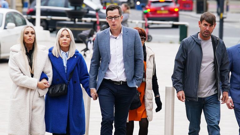 (left to right) Ashley Dales&#39; sister (who has requested not to be named), mother Julie Dale, stepfather Rob Jones and father Steve Dunne arriving at Liverpool Crown Court for the trial of Ian Fitzgibbon, Niall Barry, Sean Zeisz, Joseph Peers and James Witham, who are charged with the murder of the 28-year-old  who was found with a gunshot wound in the back garden of her home in Old Swan, Liverpool