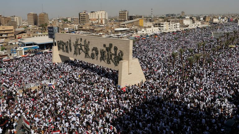 Supporters of Iraqi Shi&#39;ite cleric Moqtada al-Sadr gather during a protest in solidarity with Palestinians in Gaza, in Baghdad, Iraq, October 13, 2023. REUTERS/Ahmed Saad
