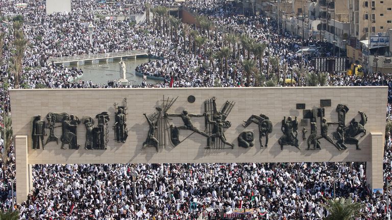 Supporters of Iraqi Shi&#39;ite cleric Moqtada al-Sadr gather during a protest in solidarity with Palestinians in Gaza, in Baghdad, Iraq, October 13, 2023. REUTERS/Ahmed Saad