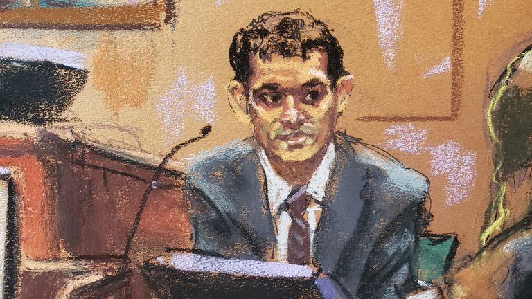 FTX founder Sam Bankman-Fried is questioned by lawyer Mark Cohen (not pictured) as he testifies in his fraud trial over the collapse of the bankrupt cryptocurrency exchange, at federal court in New York City, U.S., October 27, 2023 in this courtroom sketch. REUTERS/Jane Rosenberg