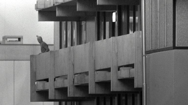Masked Black September hostage taker inside the Olympic village in Munich in 1972. Pic: AP