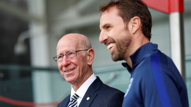 Soccer Football - England Training - St. George’s Park, Burton upon Trent, Britain - October 2, 2017 Sir Bobby Charlton speaks with England manager Gareth Southgate during the unveiling of the Sir Bobby Charlton pitch before training Action Images via Reuters/Carl Recine