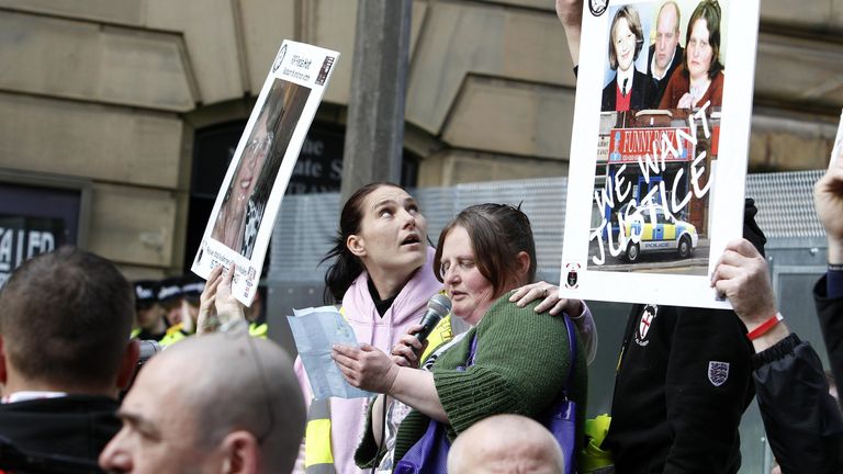 The mother of Charlene Downes talks to members of the English Defence League during an EDL demonstration in Blackburn, Lancashire.
Read less
Picture by: Peter Byrne/PA Archive/PA Images
Date taken: 02-Apr-2011