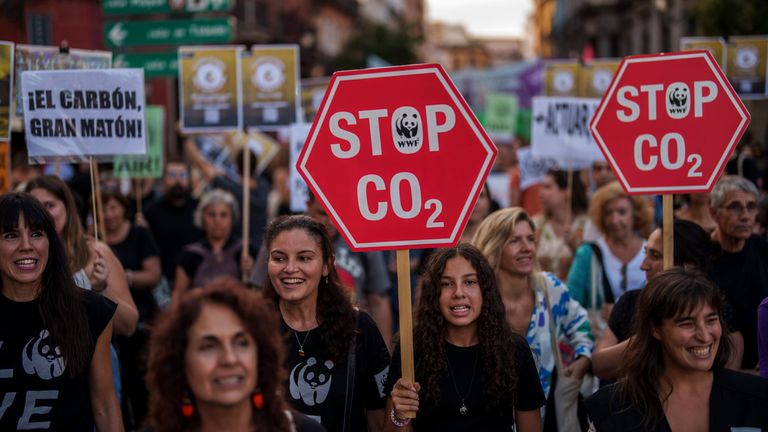 People take part in a Global Climate Strike &#39;Fridays For Future&#39; protest in Madrid, Spain, Friday, Sept. 15, 2023. Tens of thousands of climate activists around the world are set to march, chant and protest Friday to call for an end to the burning of planet-warming fossil fuels as the globe suffers dramatic weather extremes and record-breaking heat. Pic: AP