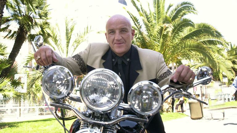 Actor Dave Courtney riding around Cannes on his Harley Davidson motorbike. He stars in the film &#39;Hell to Pay&#39;, screening in Cannes.