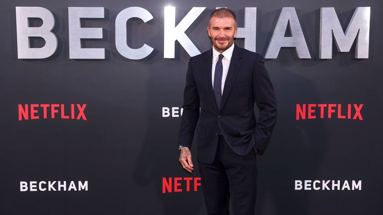 David Beckham poses for photographers upon arrival at the premiere of the television programme &#39;Beckham&#39; on Tuesday, Oct. 3, 2023 in London. (AP Photo/Vianney Le Caer)