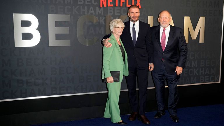Sandra Beckham, from left, David Beckham and Ted Beckham pose for photographers upon arrival at the premiere of the television programme &#39;Beckham&#39; on Tuesday, Oct. 3, 2023 in London. (Scott Garfitt/Invision/AP)