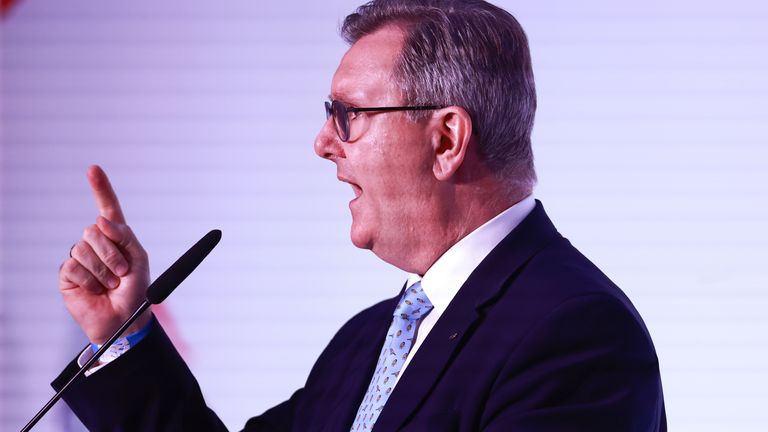 DUP leader Sir Jeffrey Donaldson delivers his keynote speech during his party&#39;s annual conference at the Crowne Plaza Hotel in Belfast. Picture date: Saturday October 14, 2023. PA Photo. See PA story ULSTER DUP. Photo credit should read: Liam McBurney/PA Wire