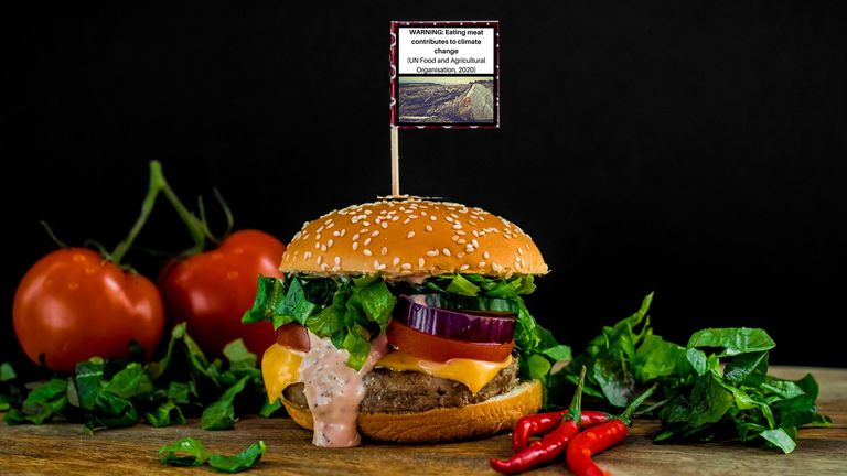 Undated handout photo issued by Durham University of a health warning about the effect that meat farming has on global warming on a burger. A study by psychology PhD student Jack Hughes found the warnings could help reduce meat consumption and benefit the environment. Issue date: Wednesday November 1, 2023.