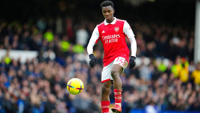 Arsenal&#39;s Eddie Nketiah controls the ball during the English Premier League soccer match between Everton and Arsenal at Goodison Park in Liverpool, England, Saturday, Feb. 4, 2023. (AP Photo/Jon Super)