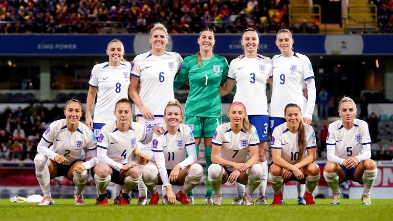 England's Georgia Stanway, Millie Bright, Mary Earps, Niamh Charles, Alessia Russo, Lucy Bronze, Keira Walsh, Lauren Hemp, Chloe Kelly, Fran Kirby and Alex Greenwood pose for a team photo ahead of the UEFA Women's Nations…