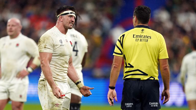 England&#39;s Tom Curry speaks to referee Ben O’Keeffe during the Rugby World Cup, semi final match at the Stade de France, Saint-Denis. England have until Monday morning to lodge a complaint after Tom Curry alleged he was the victim of a racist slur in Saturday’s 16-15 World Cup semi-final defeat by South Africa. Picture date: Friday October 21, 2023.

