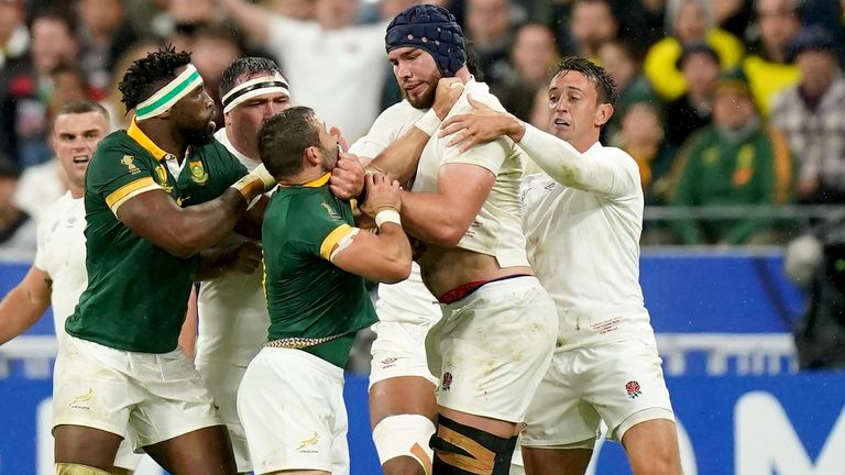England players clash with South Africa players during the World Cup semi-final