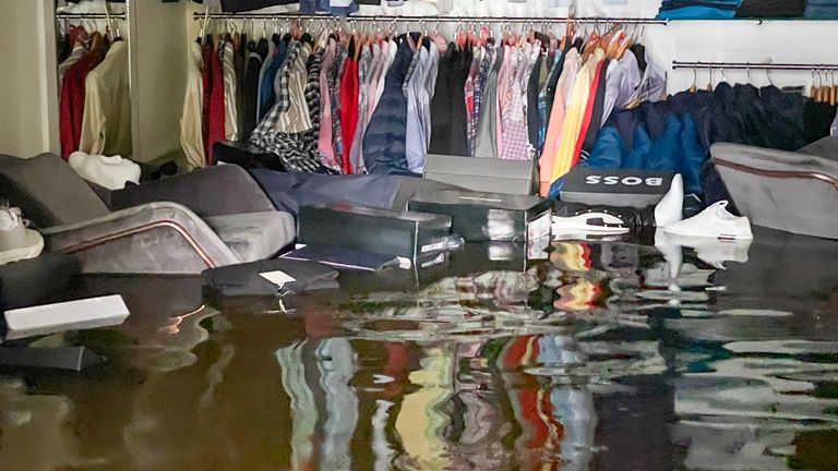 Flood water in McCartan Bros clothes store in Newry Town, Co Down