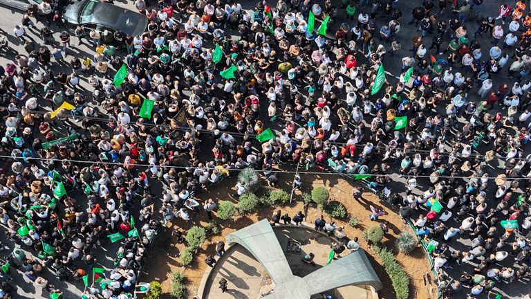 Hezbollah supporters take part in a protest, after hundreds of Palestinians were killed in a blast at Al Ahli hospital in Gaza