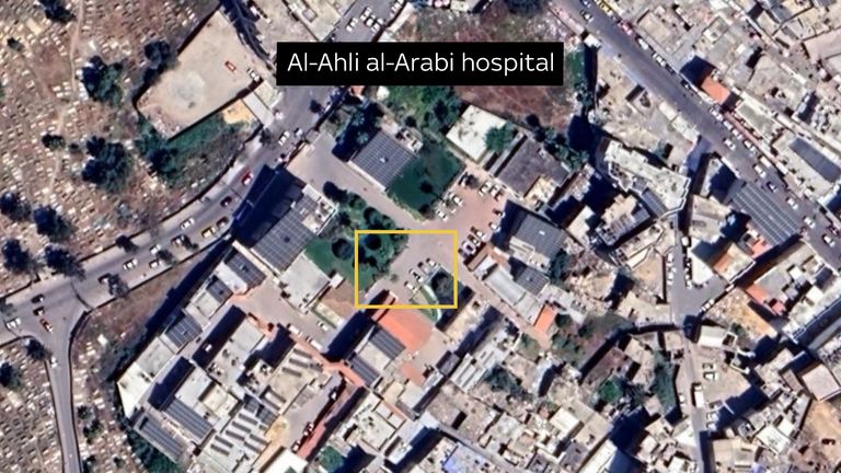 VIdeo was geolocated to this area within the Al-Ahli al-Arabi hospital grounds. Pic: Google Maps 