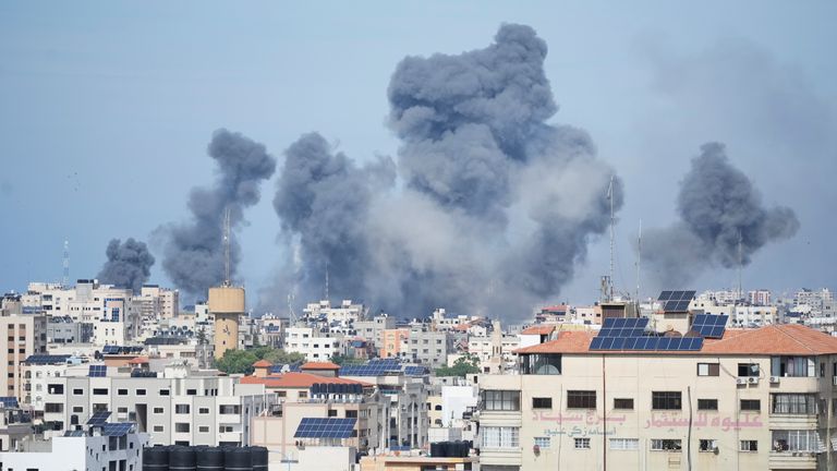 Smoke rises from an explosion caused by an Israeli airstrike in the Gaza Strip. Pic: AP